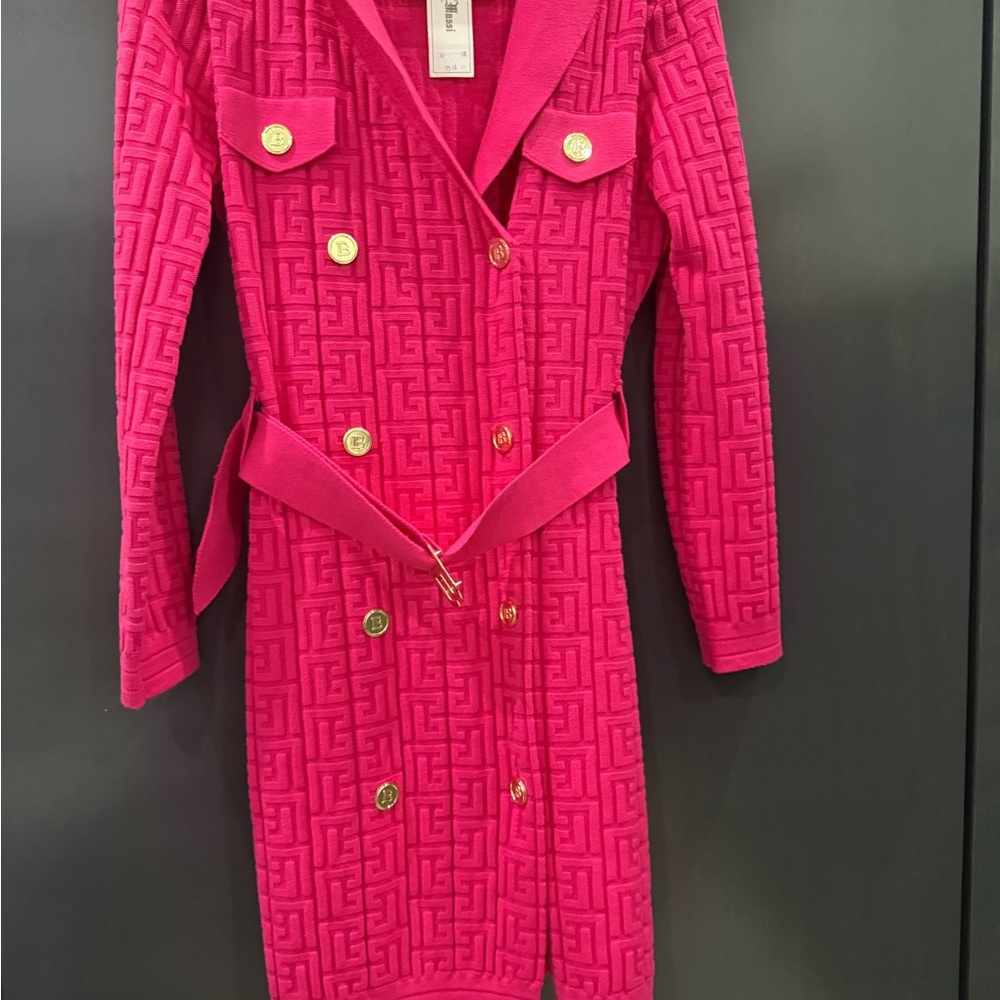 Vibrant Pink Trench Coat with Textured Fabric and Belt